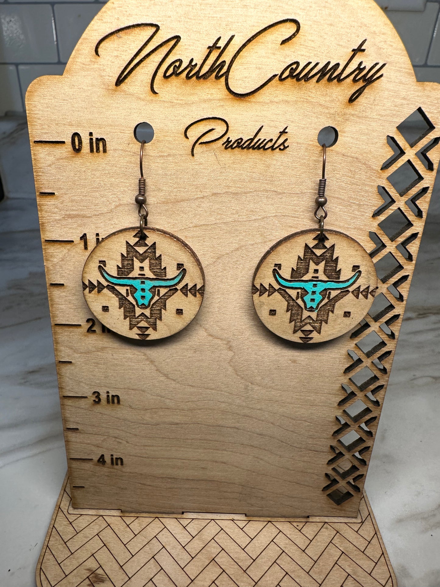 Turquoise Aztec Cow Skull Earrings (Round)